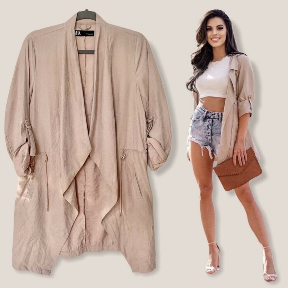 Zara Blush Waterfall Drape Cinch Waist Thin Blouse Jacket Gold Embellishments M
